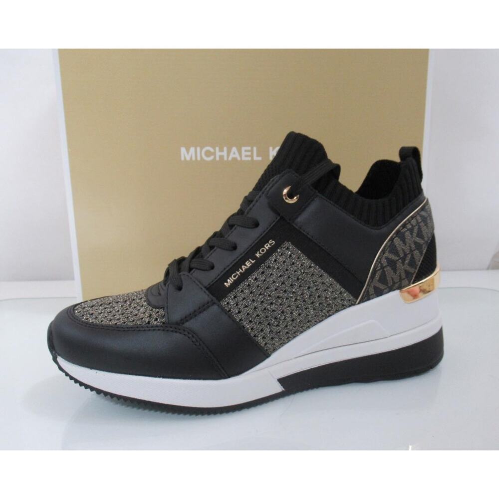 Michael Kors Georgie Knit Trainer Wedge Sneakers Laces MK Logo Black/Gold Size 8 - Picture 2 of 6
